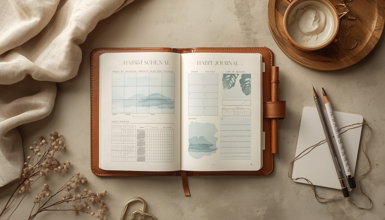 Evening habit journal and planning materials on a desk